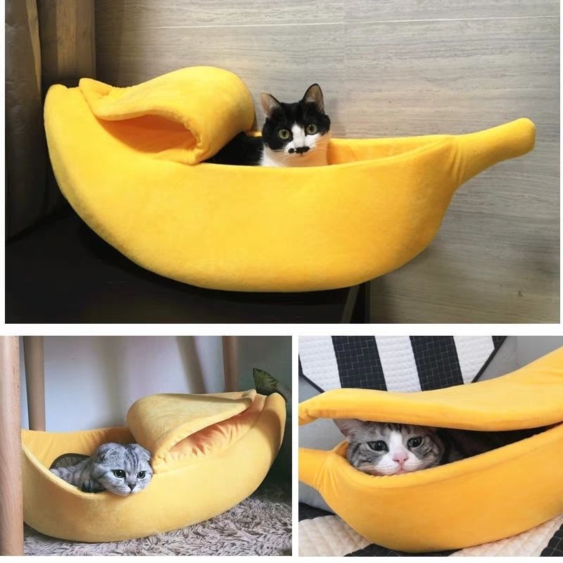 Green Cozy Banana Peel Pet Bed - Plush & Warm Cave House for Cats & Small Dogs (Medium)