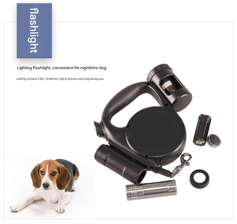 Black 3-in-1 Retractable Dog Leash with LED Flashlight & Poop Bag Dispenser | Heavy Duty Tangle-Free Leash for Safe Night Walks