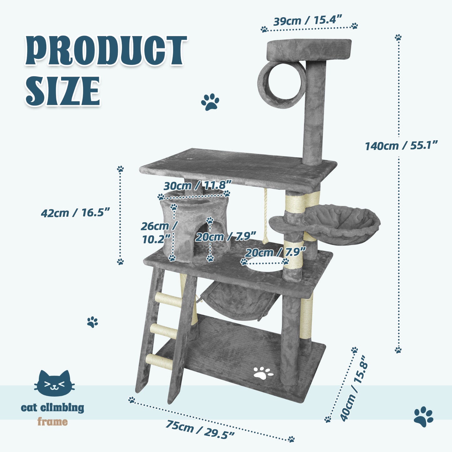 Grey Cat Tree Tower Condo Scratching Post Bed Stand 1.4M