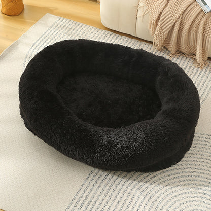 Fluffy Donut-Shaped Pet Bed- Soft, Cozy, and Anti-Anxiety for Dogs and Cats, Machine Washable  Black Size:M 75*55*18cm