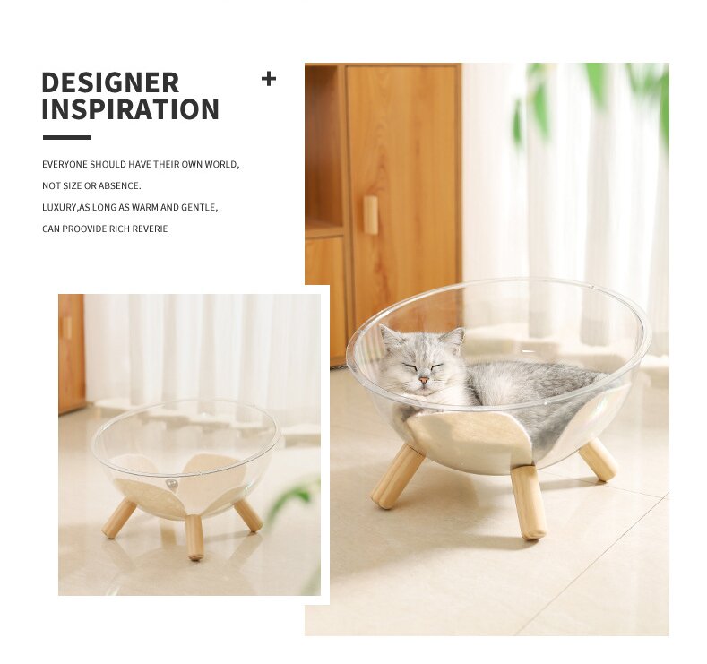 Luxury Transparent Cat Bed with Wooden Legs - Stylish Pet Nest