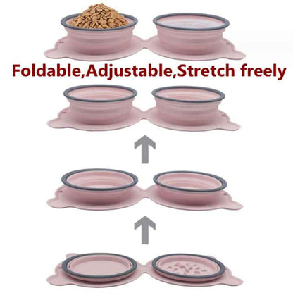 Grey Portable Collapsible Pet Bowl Set - Food-Grade Silicone Double Bowl for Dogs & Cats, Anti-Slip & Easy to Clean