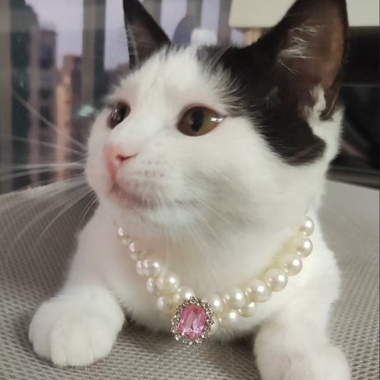 3-pcs Pink Diamond  Double Strand Pearl & Rhinestone Pet Necklace - Luxury Collar for Cats & Dogs Size M (25-31CM)