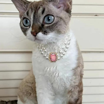 3-pcs Pink Diamond  Double Strand Pearl & Rhinestone Pet Necklace - Luxury Collar for Cats & Dogs Size M (25-31CM)