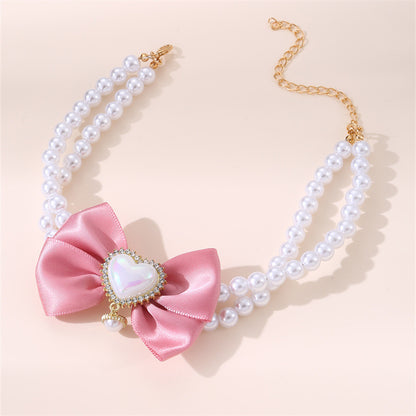 2 - PCS Cute Pet Pearl Necklace Collar with Pink Bow and Heart Charm - Size S