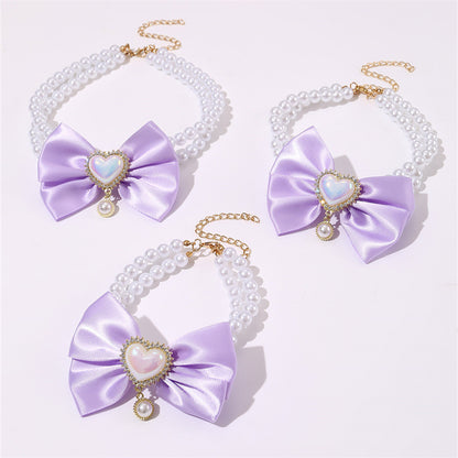 2 - PCS Cute Pet Pearl Necklace Collar with Purple Bow and Heart Charm - Size S