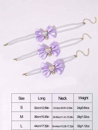 2 - PCS Cute Pet Pearl Necklace Collar with Purple Bow and Heart Charm - Size S