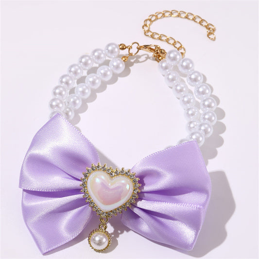 2 - PCS Cute Pet Pearl Necklace Collar with Purple Bow and Heart Charm - Size M