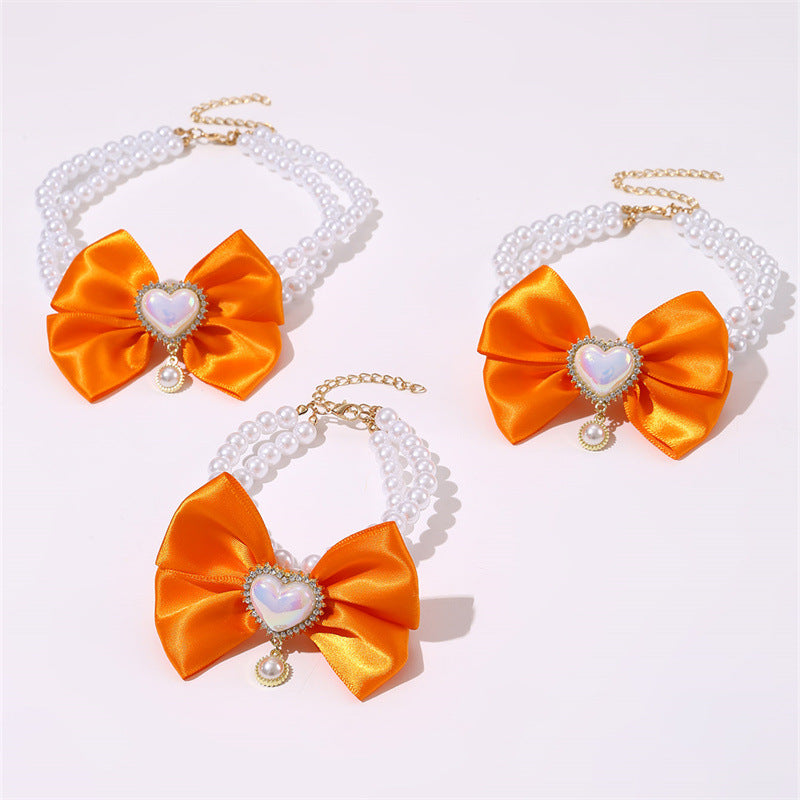 2 - PCS Cute Pet Pearl Necklace Collar with Orange Bow and Heart Charm - Size L