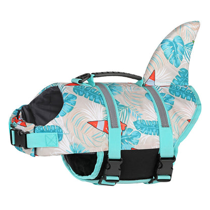 Size M Beige And Blue Sailboat Pattern Pet Life Jacket for Dogs - Summer Swimming Safety Vest with Shark Fin for Small to Large Breeds
