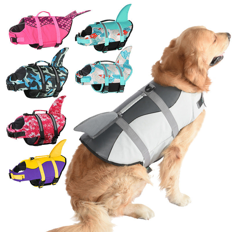 Size M Pink Scale Pattern Pet Life Jacket for Dogs - Summer Swimming Safety Vest with Shark Fin for Small to Large Breeds