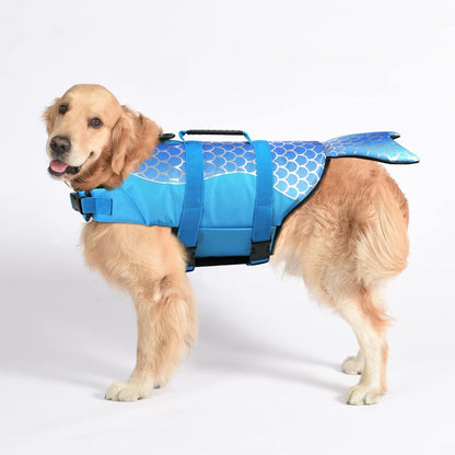 Size M Blue Scales Pattern Pet Life Jacket for Dogs - Summer Swimming Safety Vest with Shark Fin for Small to Large Breeds