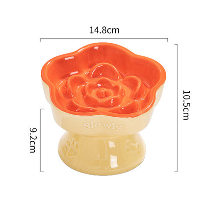 Khaki and Orange Ceramic Slow Feeder Pet Bowl for Cats and Small Dogs - Anti-Choke Elevated Design with 15-Degree Tilted Rim