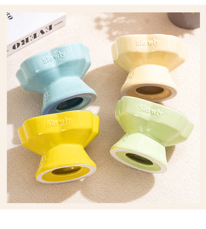 Khaki and Orange Ceramic Slow Feeder Pet Bowl for Cats and Small Dogs - Anti-Choke Elevated Design with 15-Degree Tilted Rim