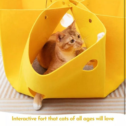 Yellow Large Transformable Felt Cat Tunnel Bed - Cozy Foldable Pet Play House & Cave (104cm x 104cm)