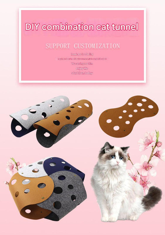 DIY Felt Cat Tunnel - Foldable Egg Roll-Shaped Pet Toy with Multiple Holes(Gray + Navy Blue)