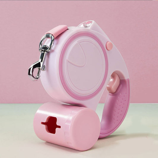 Pink 3M Retractable Dog Leash - Built-in LED Light (No Batteries) and Bag Holder