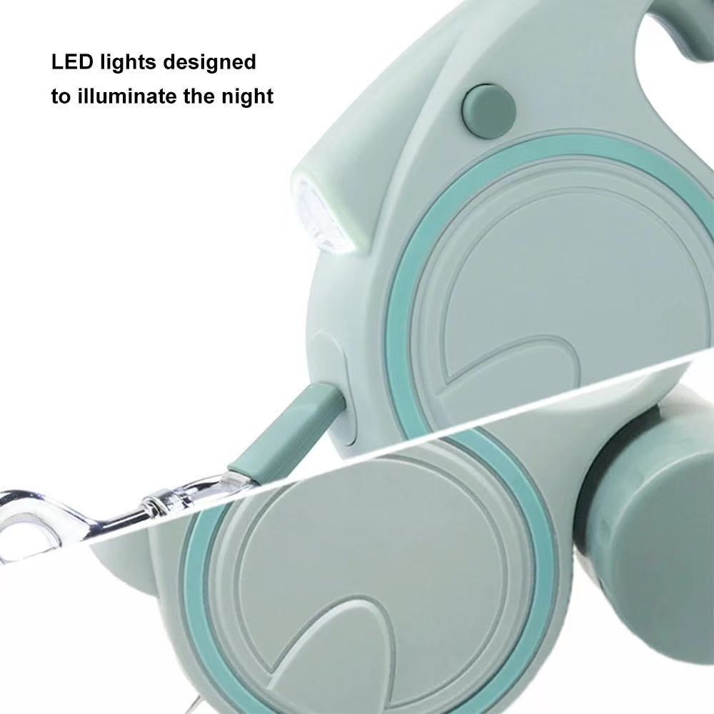 Blue and White 3M Retractable Dog Leash - Built-in LED Light (No Batteries) and Bag Holder