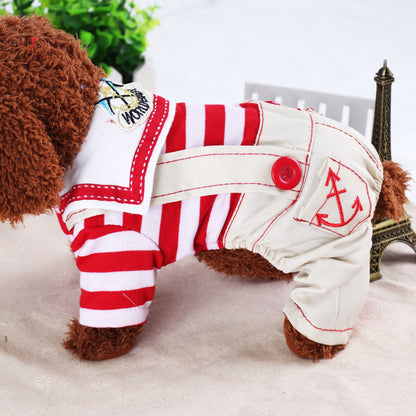 Red Cute Sailor Dog Outfit - Striped Shirt & Anchor Overalls for Small Dogs (Size : L )