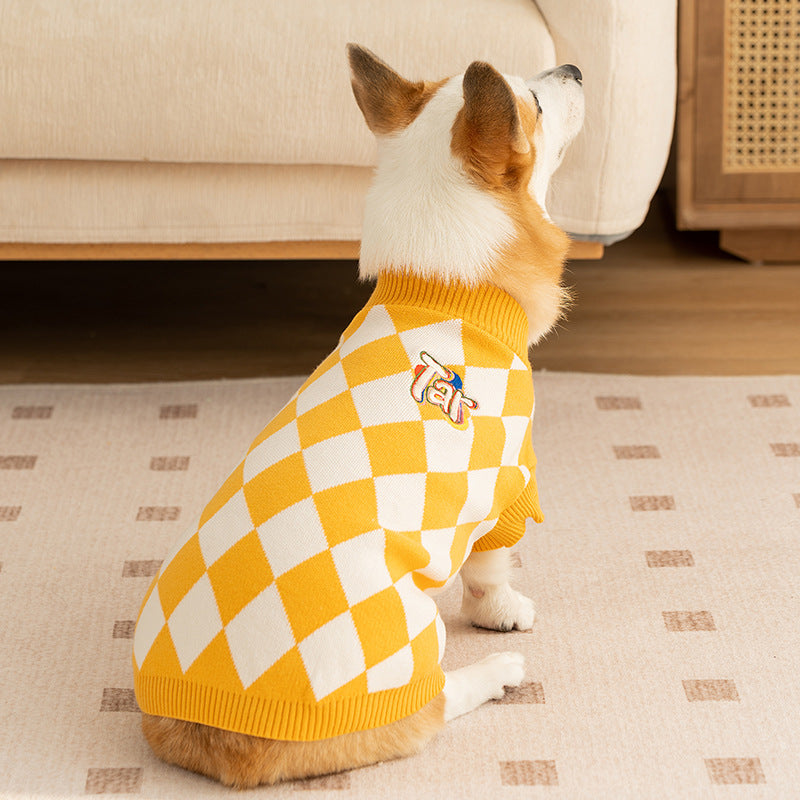 Classic Argyle Dog Sweater - Yellow & White Knit for Corgis & Medium Breeds (Size : S)