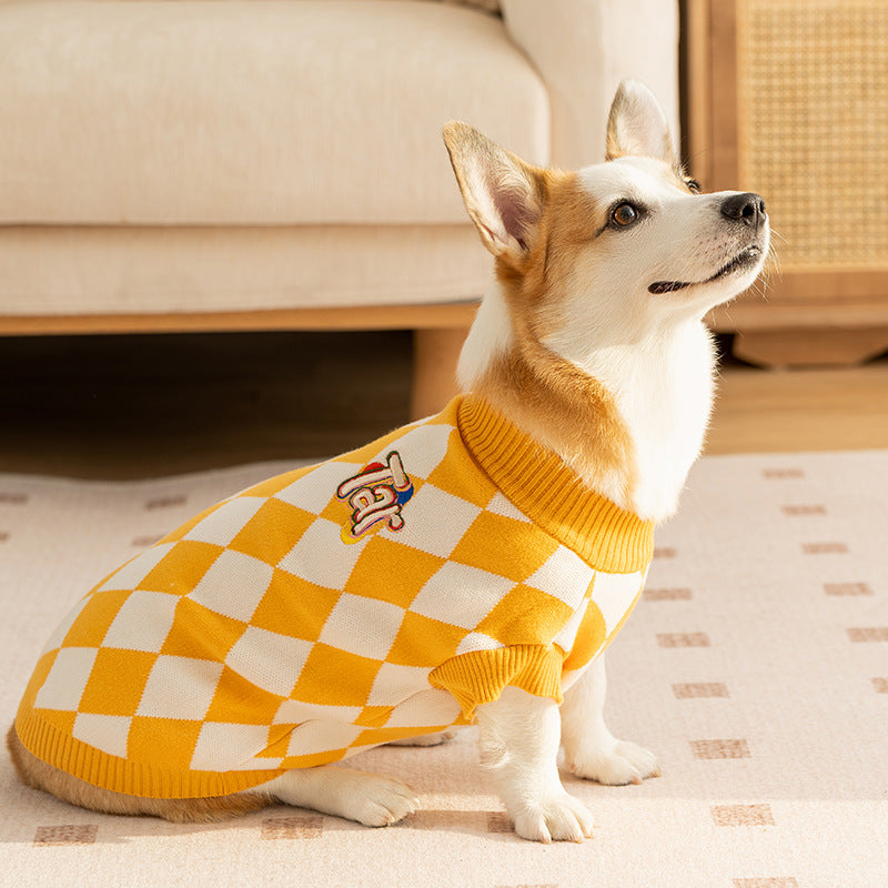 Classic Argyle Dog Sweater - Yellow & White Knit for Corgis & Medium Breeds (Size : S)