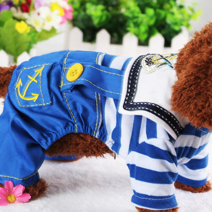 Blue Cute Sailor Dog Outfit - Striped Shirt & Anchor Overalls for Small Dogs (Size : M )