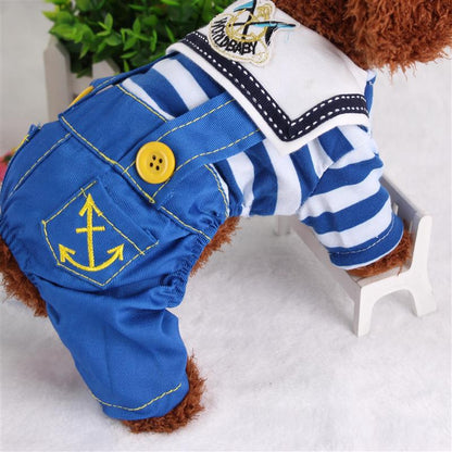 Blue Cute Sailor Dog Outfit - Striped Shirt & Anchor Overalls for Small Dogs (Size : S )