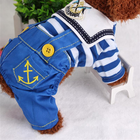 Blue Cute Sailor Dog Outfit - Striped Shirt & Anchor Overalls for Small Dogs (Size : S )