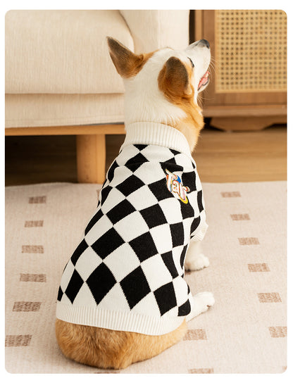 Classic Argyle Dog Sweater - Black & White Knit for Corgis & Medium Breeds (Size : S)