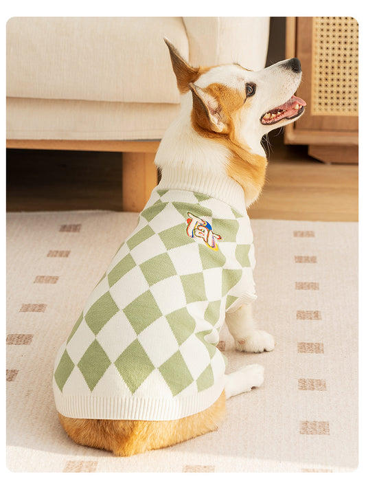 Classic Argyle Dog Sweater - Green & White Knit for Corgis & Medium Breeds (Size : M)