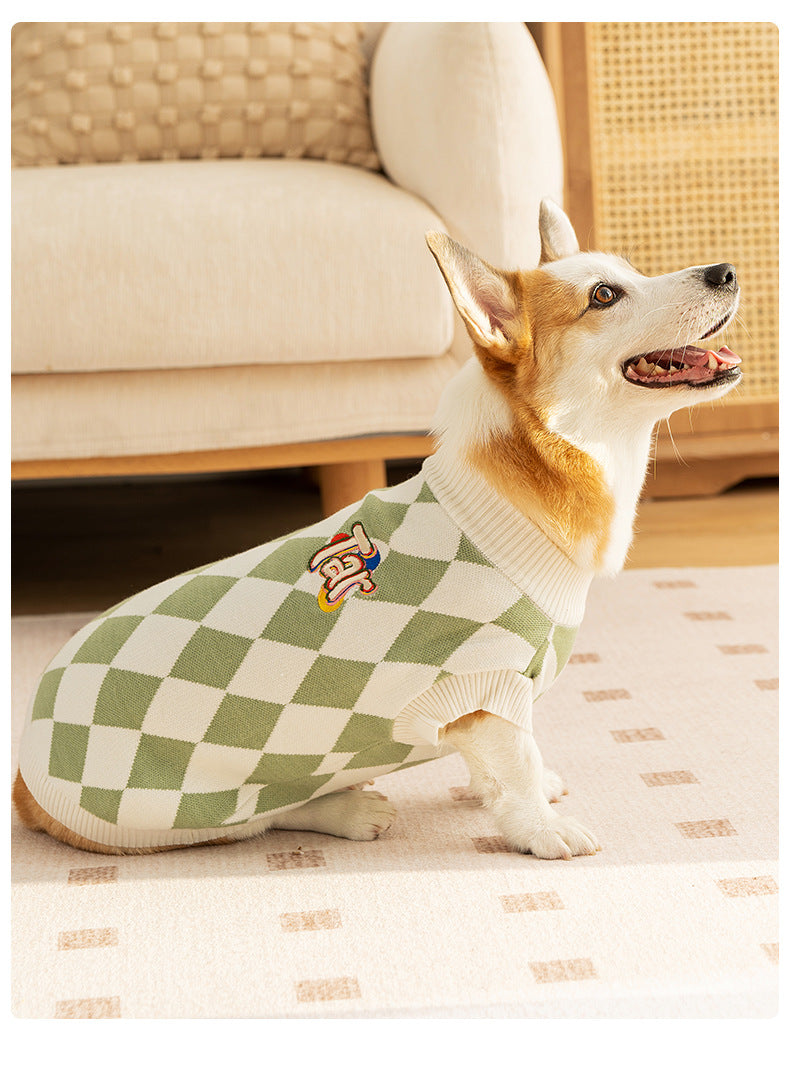 Classic Argyle Dog Sweater - Green & White Knit for Corgis & Medium Breeds (Size : S)