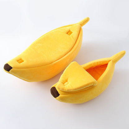Yellow Cozy Banana Peel Pet Bed - Plush & Warm Cave House for Cats & Small Dogs (Large)