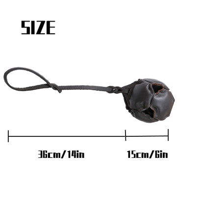 Black Durable Leather Dog Training Ball with Loop Handle - Interactive Bite & Tug Toy for Playful Pups