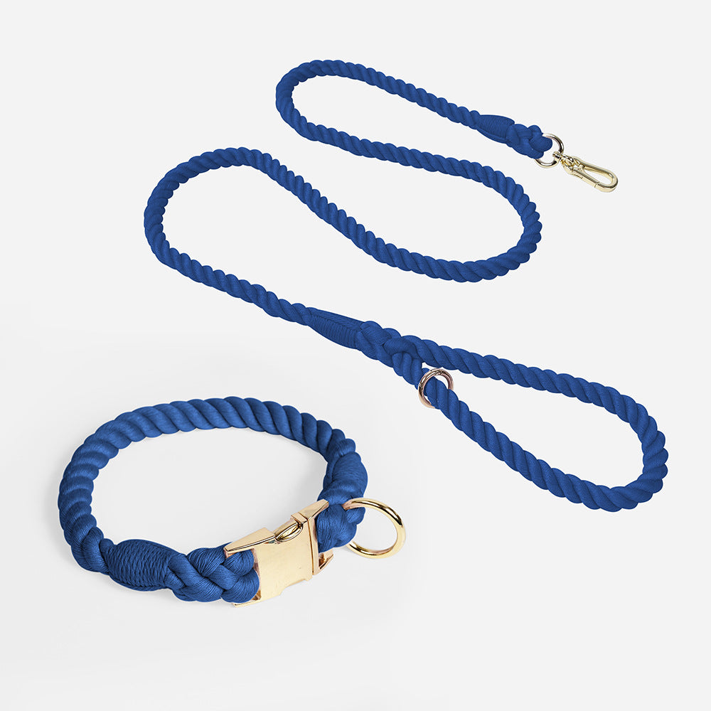 Handmade Gradient Rope Dog Collar & Leash Set - Colorful Braided Cotton (Navy blue - Size S)