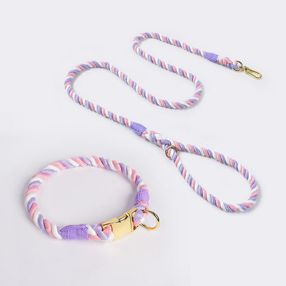 Handmade Gradient Rope Dog Collar & Leash Set - Colorful Braided Cotton (Pink purple - Size M)