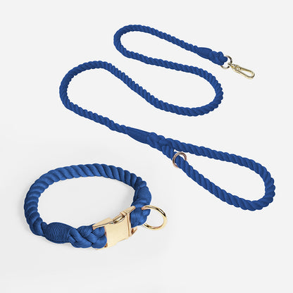 Handmade Gradient Rope Dog Collar & Leash Set - Colorful Braided Cotton (Navy blue - Size M)