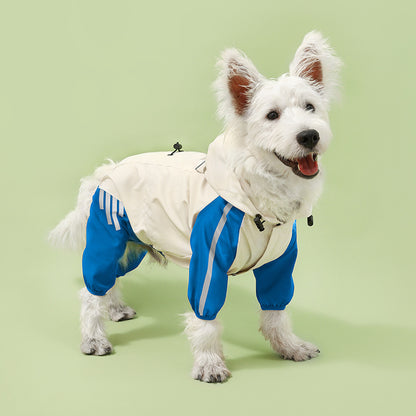 Colorblock (Beige blue) Dog Raincoat - Waterproof with Hood and Reflective Strips (Size M)