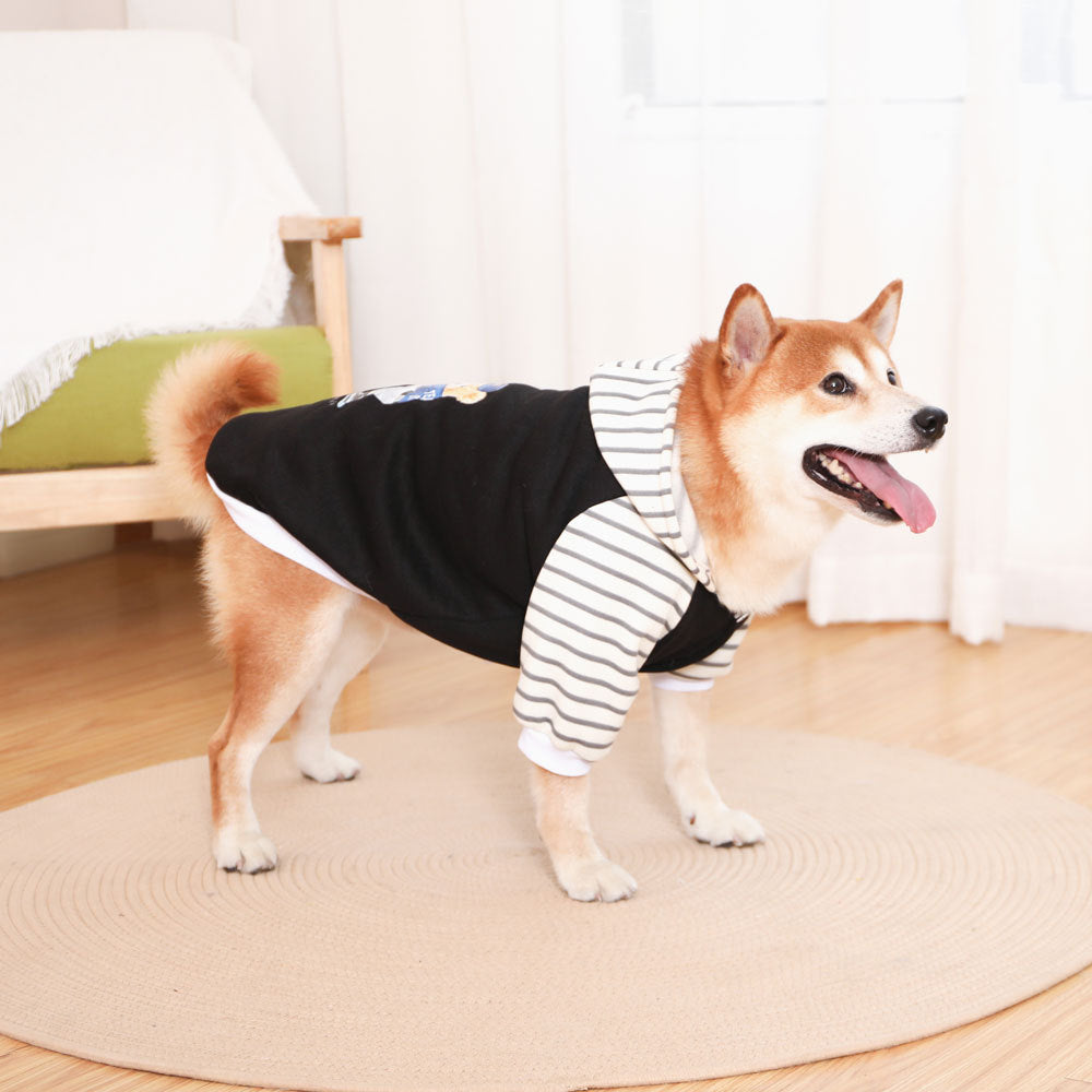 Autumn/Winter Dog Clothes - Black Hoodie with Striped Hood & Baseball Bear (Size - XL)