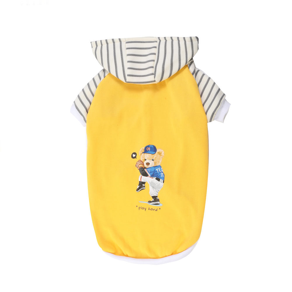 Autumn/Winter Dog Clothes - Yellow Hoodie with Striped Hood & Baseball Bear (Size - XL)