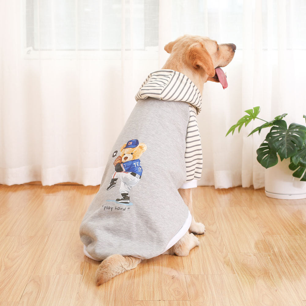 Autumn/Winter Dog Clothes - Grey Hoodie with Striped Hood & Baseball Bear (Size - 4XL)