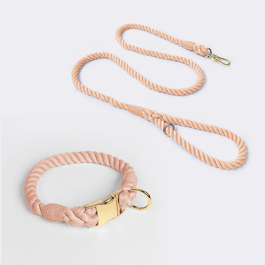 Handmade Rope Dog Collar and Leash Set - Colorful Woven Cotton Cotton (Leather pink - Size M)