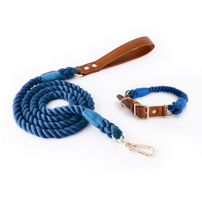 Premium Leather Pet Collar and Leash - Soft, Strong Braided Rope (Navy blue - Size S)