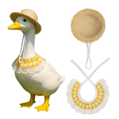 Khaki and Yellow 2 Sets Adorable Porch Goose & Small Pet Costume Set - 2 Summer Straw Hat & 2 Gingham Bib