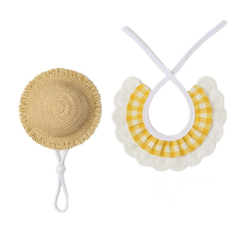 Khaki and Yellow 2 Sets Adorable Porch Goose & Small Pet Costume Set - 2 Summer Straw Hat & 2 Gingham Bib