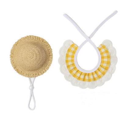 Khaki and Yellow 2 Sets Adorable Porch Goose & Small Pet Costume Set - 2 Summer Straw Hat & 2 Gingham Bib