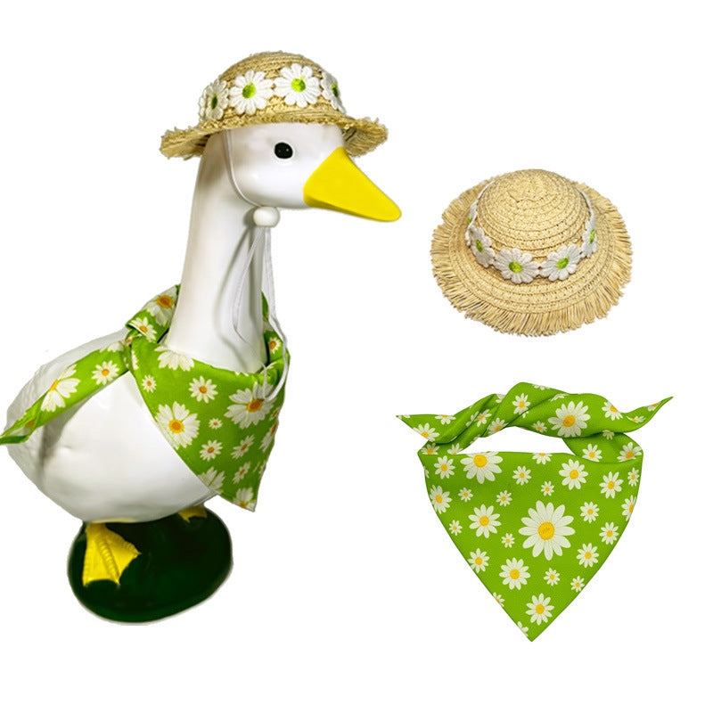 2 Sets Khaki and Green Daisy Delight Porch Goose & Small Pet Costume - 2 Summer Straw Hat & 2 Floral Bandana Set