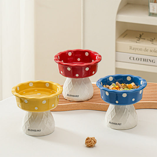 Red Adorable Mushroom Ceramic Elevated Cat Bowl - Anti-Vomiting & Spine Protecting Pet Feeder with Polka Dots