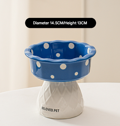 Blue Adorable Mushroom Ceramic Elevated Cat Bowl - Anti-Vomiting & Spine Protecting Pet Feeder with Polka Dots