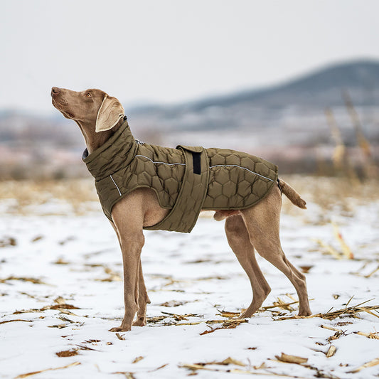 Size L Olive Green Warm Quilted Dog Winter Coat - Adjustable Fleece-Lined Puffer Vest with Reflective Trim & Leash Port