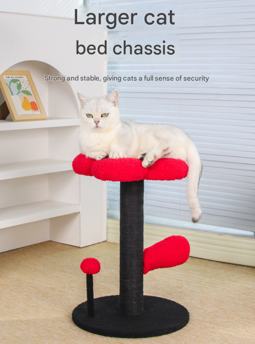 Red and Black Adorable Flower Cat Tree - Plush Perch, Sisal Scratching Post & Spring Ball Toy